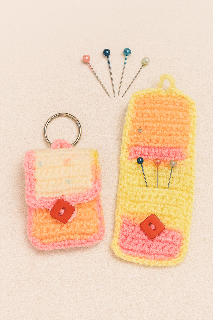 A handmade Crochet Hijab Pin Organizer in pink, orange, and yellow yarn, showing both a closed pouch with a keychain and an open pouch holding several colorful hijab pins.