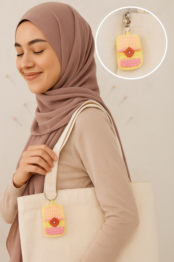 handmade crochet hijab pin organizer with keychain – compact & colorful pouch