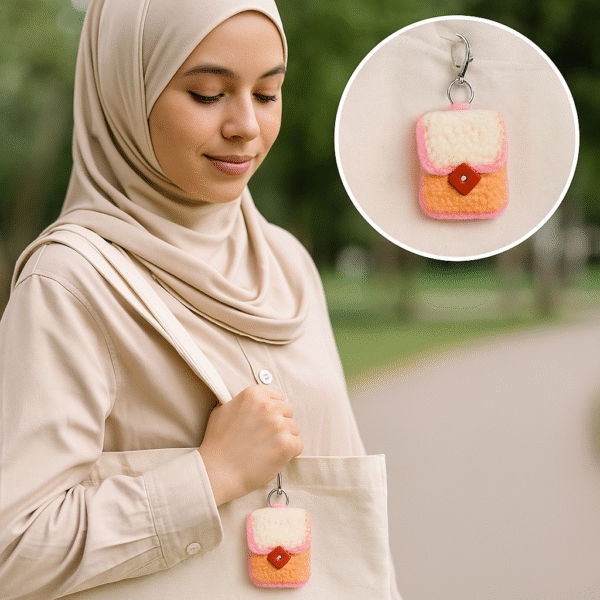 handmade crochet hijab pin organizer with keychain – compact & colorful pouch