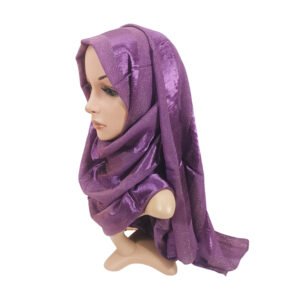 Golden Zari Cotton Hijab in a rich purple color, featuring vertical satin stripes and a shimmering gold zari embroidered border on soft cotton fabric.