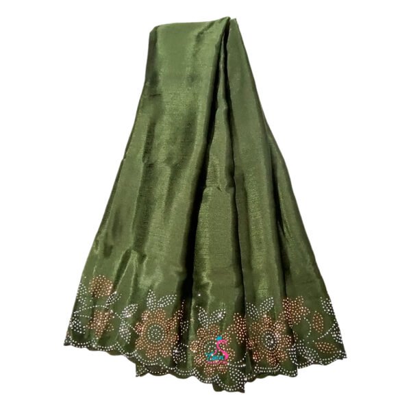 An Olive Green Muna Satin Hijab Scarf featuring sparkling rhinestone floral patterns and scalloped edges draped on a white background.