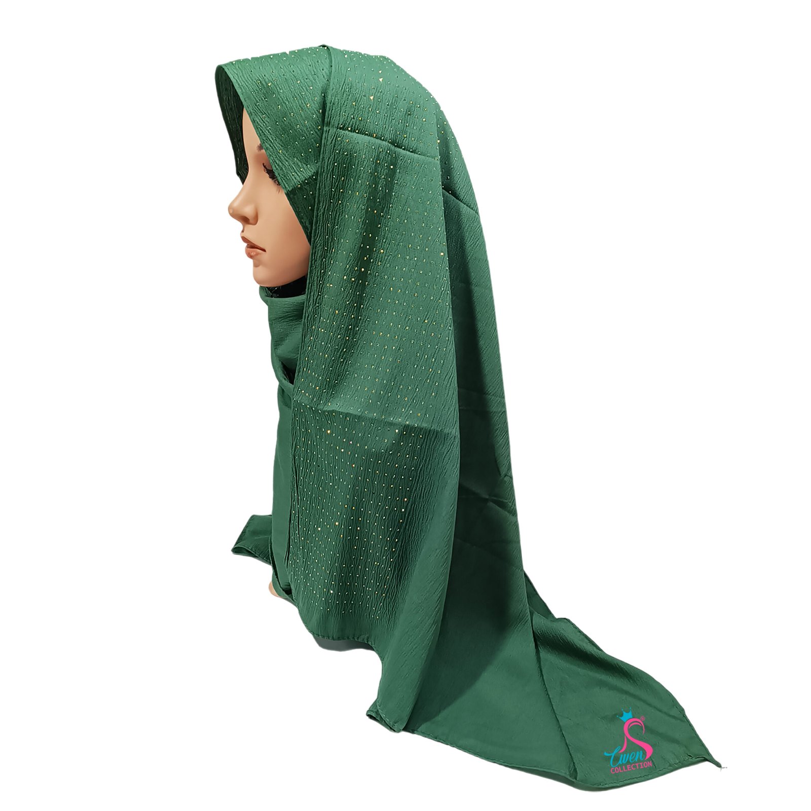 A textured Balloon Cotton Hijab with sparkling rhinestone embellishments on a mannequin head, showing the soft weave and light-reflecting stones.