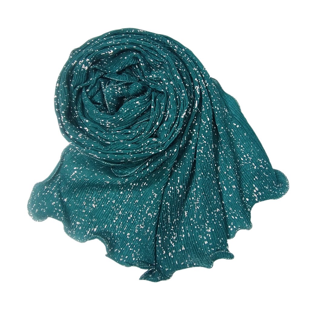 A Crinkle Cotton Hijab Scarf in a soft fabric featuring silver metallic sprinkles throughout the textured material.