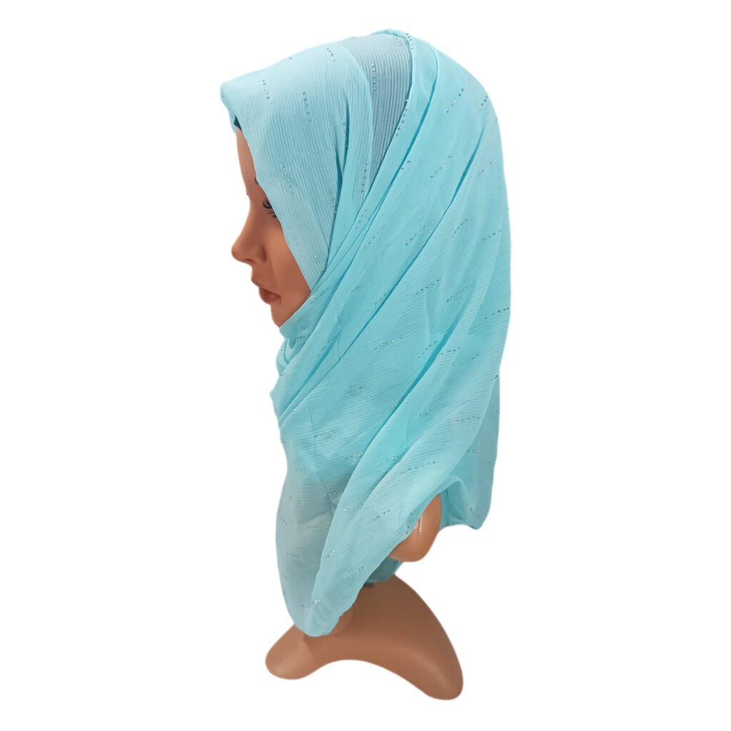 A light blue Chiffon Hijab Scarf with silver rhinestone embellishments draped on a mannequin head against a white background.