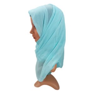 A light blue Chiffon Hijab Scarf with silver rhinestone embellishments draped on a mannequin head against a white background.