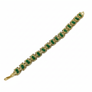 Alt Text: Emerald Glow Handmade Beaded Bracelet featuring deep green faceted beads woven into a gold-toned seed bead frame on a white background.