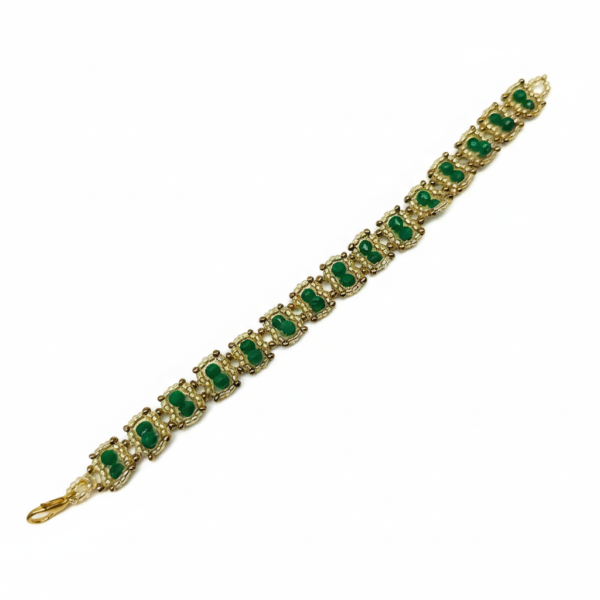 1764956004213 Alt Text: Emerald Glow Handmade Beaded Bracelet featuring deep green faceted beads woven into a gold-toned seed bead frame on a white background.