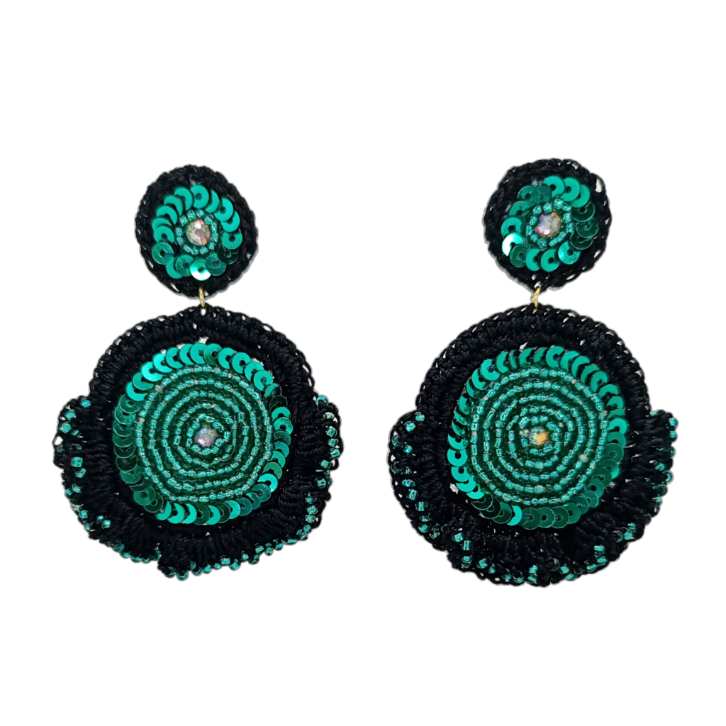 Sophia Handmade Crochet Sequin Earrings featuring concentric circles of teal sequins and tiny beads on a black woven base with a central iridescent crystal.