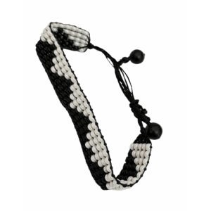 Black and white woven beaded bracelet with an adjustable pull-string closure.