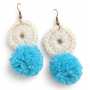 Cloudy Puff White Crochet Dangle Earrings with light blue pom-poms by Cwen Collection.