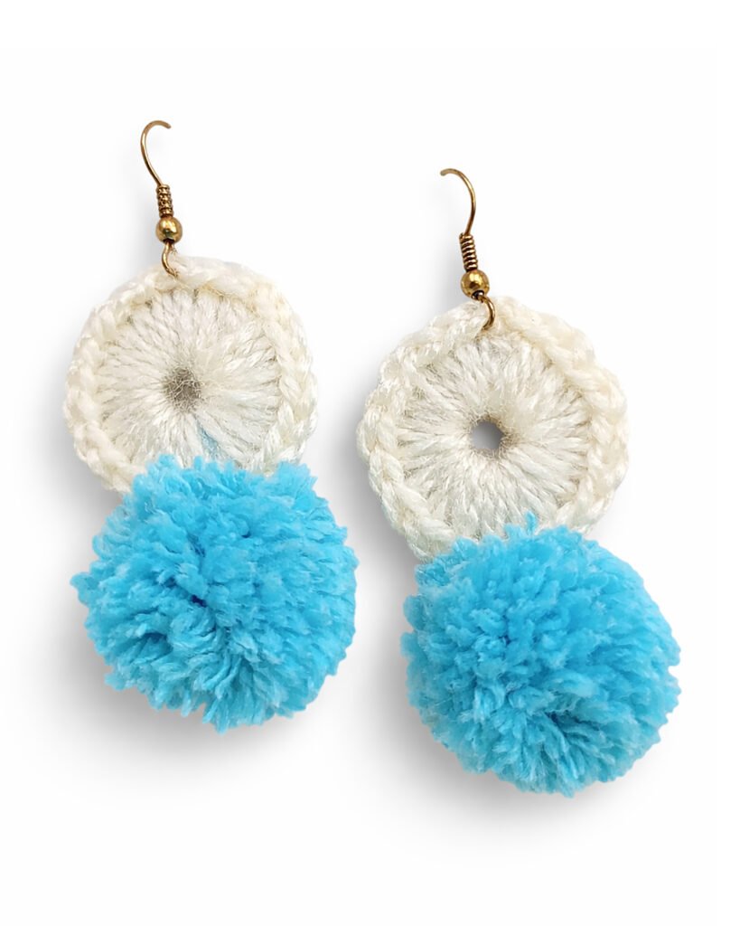 Cloudy Puff White Crochet Dangle Earrings with light blue pom-poms by Cwen Collection.