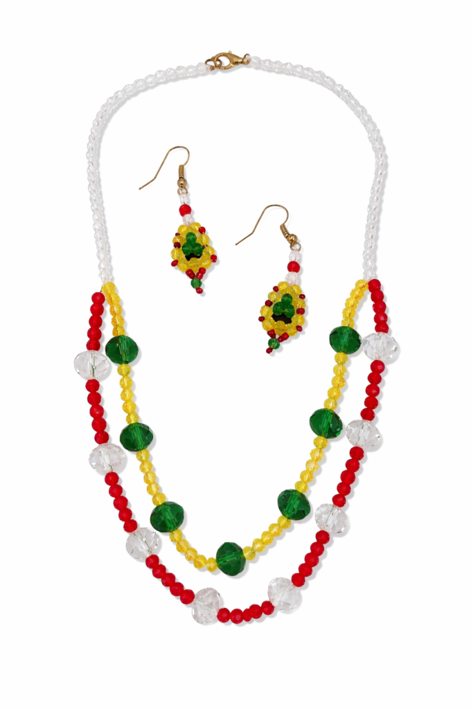 Citrus Bloom Crystal Necklace and earring set with yellow and green beads, handmade for pre-teens, displayed on a white background.