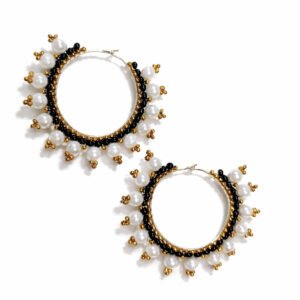Regal Bead Hoop Earrings featuring a gold wire frame adorned with white pearls, black seed beads, and gold accents on a white background.