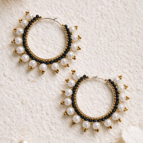 Regal Bead 02 4-4 Regal Bead Hoop Earrings - Pearl & Black Seed Bead Design