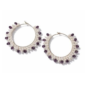 A pair of 4cm Royal Crystal Bead Hoop earrings featuring intricately woven white pearls and deep purple crystal accents on gold-toned hoops.