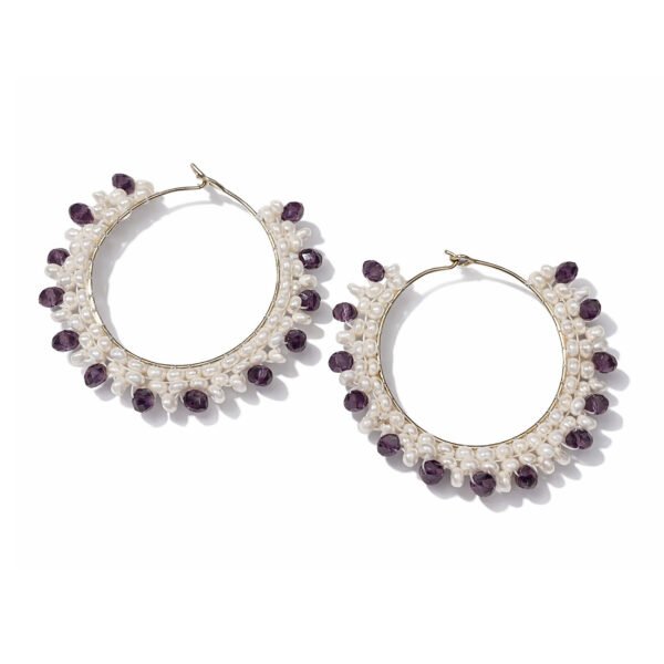 A pair of 4cm Royal Crystal Bead Hoop earrings featuring intricately woven white pearls and deep purple crystal accents on gold-toned hoops.