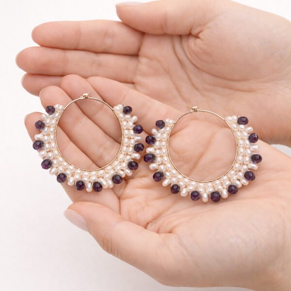 Royal Crystal Bead Hoop Earring | Amethyst & Pearl Jewelry