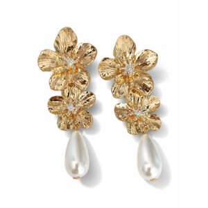 A pair of Gold Petal Drops Earring featuring two textured gold flowers and a dangling white teardrop pearl on a white background.