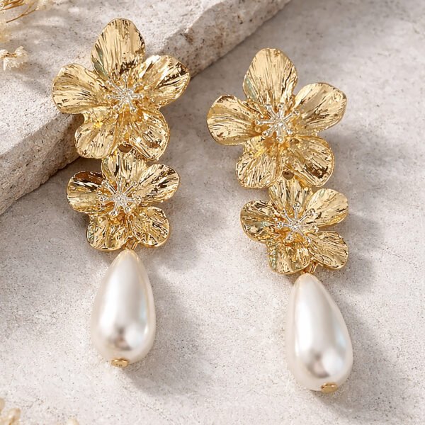 Gold Petal Drops Earring | Elegant Flower and Pearl Jewelry
