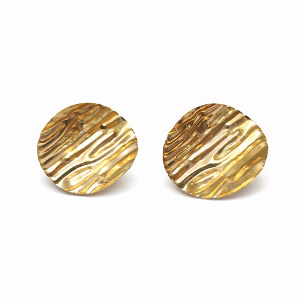 Golden Ripple 02 4-4 A pair of circular Golden Ripple earrings featuring a wide, textured surface with a metallic, high-shine gold finish on a white background.