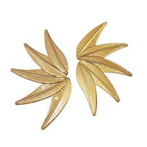 A pair of Palm Studs Gold Earrings featuring an intricate leaf-inspired fan design with detailed etched textures and a polished gold finish on a white background.