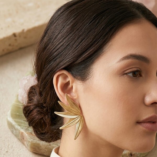 Palm Studs 04 4-4 Palm Studs Gold Earrings | Anti-Tarnish Leaf Textured Jewelry