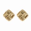 Woven Studs 01 4-4 A pair of Woven Studs Gold Earrings featuring an intricate, square-shaped interwoven knot design with a high-shine polished gold finish on a white background.