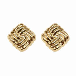 A pair of Woven Studs Gold Earrings featuring an intricate, square-shaped interwoven knot design with a high-shine polished gold finish on a white background.