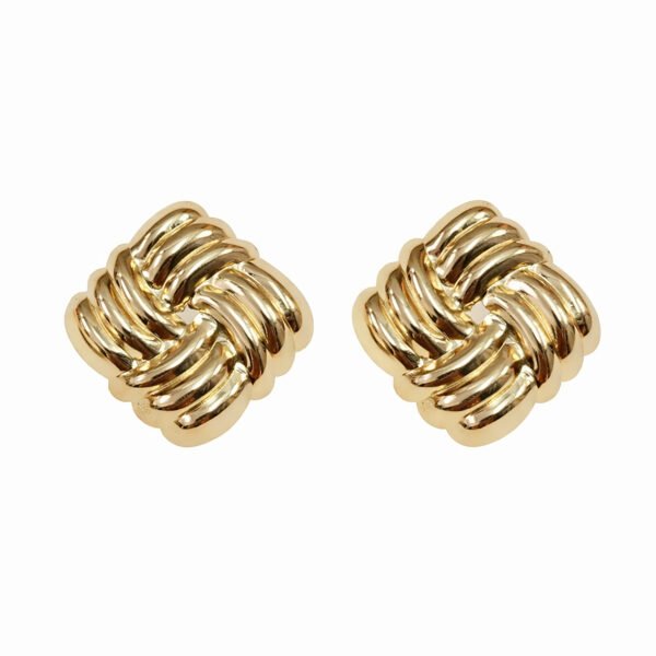 Woven Studs 01 4-4 A pair of Woven Studs Gold Earrings featuring an intricate, square-shaped interwoven knot design with a high-shine polished gold finish on a white background.