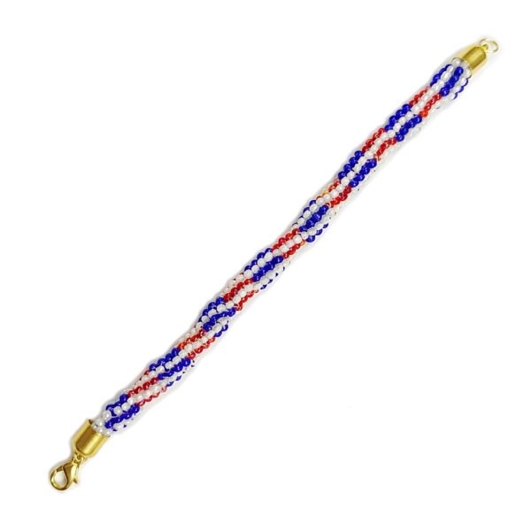 A handcrafted Crimson Sky beaded bracelet featuring a spiral pattern of red, white, and blue beads with gold-toned end caps and a lobster clasp on a white background.