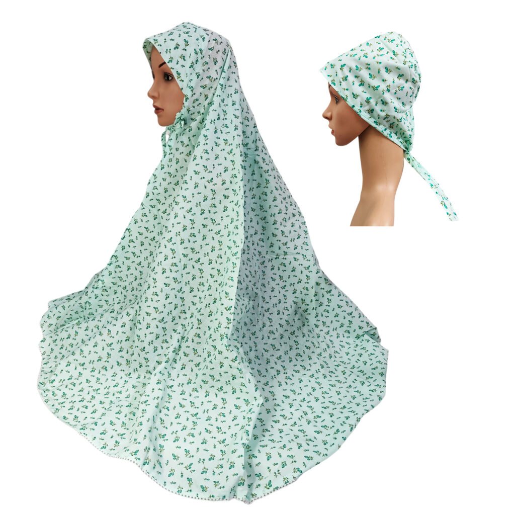 A side view of a mannequin wearing a light green floral print Cotton Makhna Scarf with a 40-inch length, designed with a secure front tie and zip.