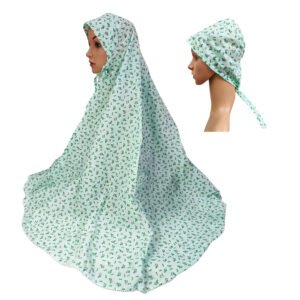 A side view of a mannequin wearing a light green floral print Cotton Makhna Scarf with a 40-inch length, designed with a secure front tie and zip.