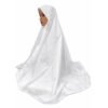 A mannequin wearing a white Cotton Makhna Scarf with a front zip and tie strings under the chin, providing full 40-inch length coverage for prayer.