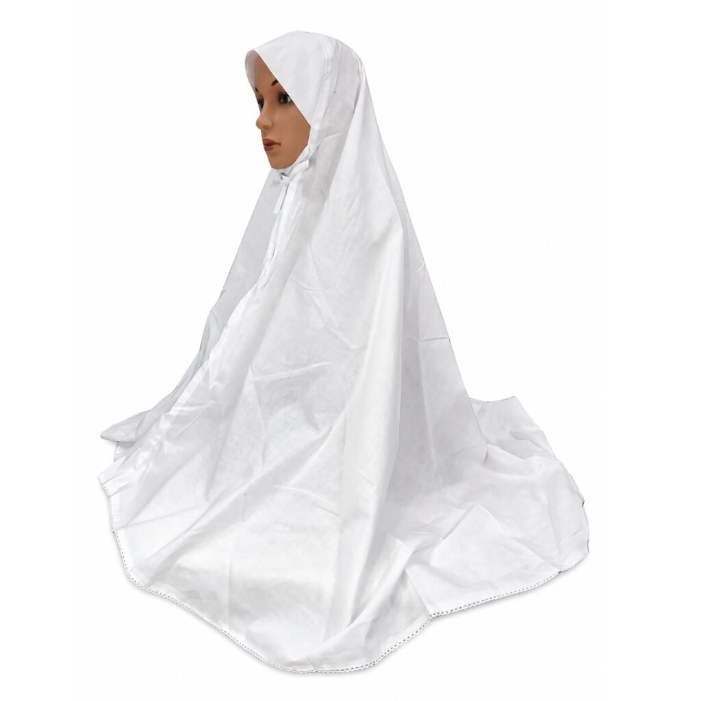 A mannequin wearing a white Cotton Makhna Scarf with a front zip and tie strings under the chin, providing full 40-inch length coverage for prayer.