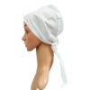 A side profile of a mannequin wearing a matching white tie-back cap, showing the adjustable straps designed to secure hair under a makhna or hijab.