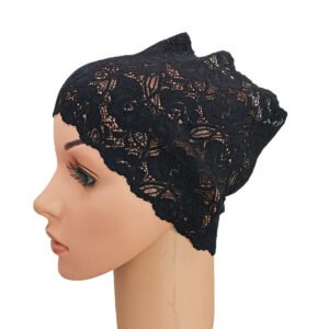 A side profile view of a mannequin wearing a stretchable Net Lace Tube Cap showing its intricate lace mesh pattern and smooth front edge.
