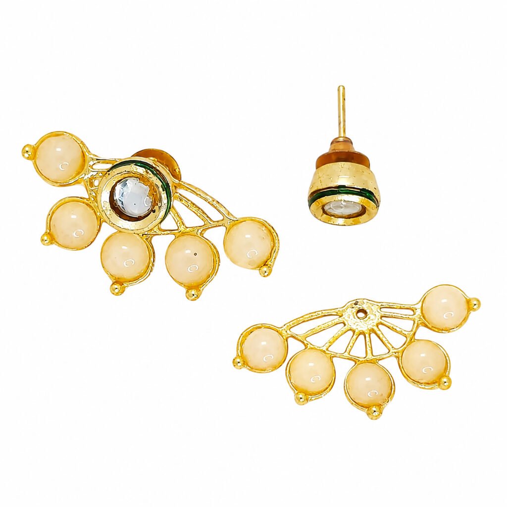 A traditional double-sided Kundan petal earring set showing the main stud post, the separate radiating five-petal ear jacket, and the fully assembled earring on a dark background.