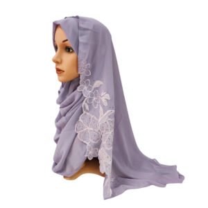 A soft Heavy Chiffon Embroidered Hijab unfolded to show its detailed floral scalloped border with scattered rhinestone accents.