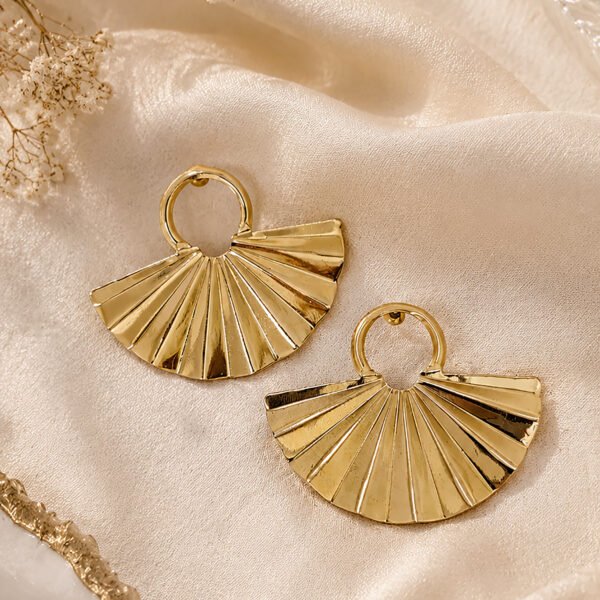 Ribbed Arcs Gold Plated Earrings – Sculpted Fan Geometric Drops