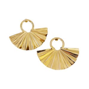 A pair of gold plated Ribbed Arcs earrings displayed on a hand, showing their distinct fan shape with vertical pleated ridges and top loop studs.